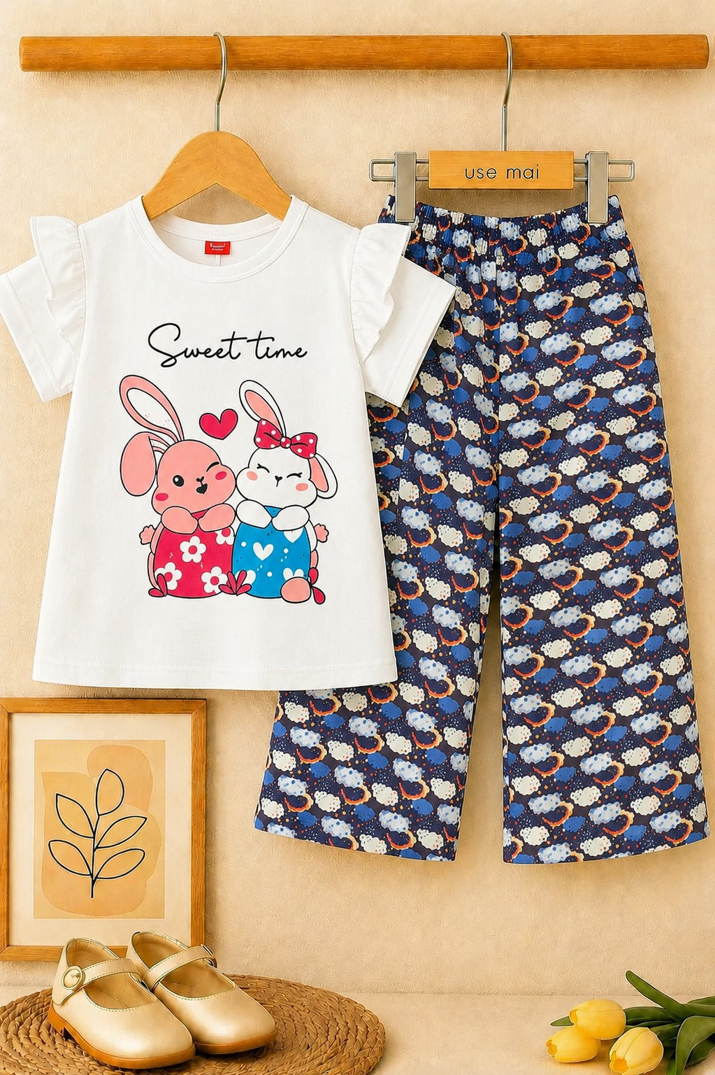 Bunny Printed  White  Girls  T-shirt & Cotton Flapper