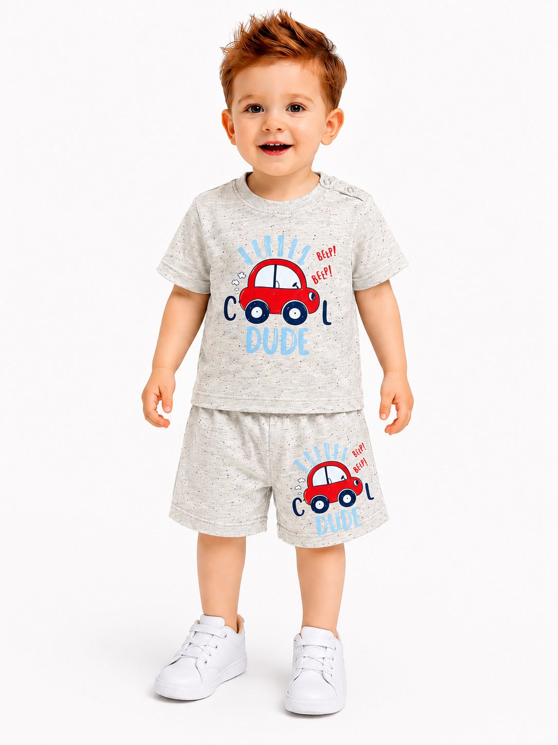 Red Car Printed Grey New Born Nicker Suit