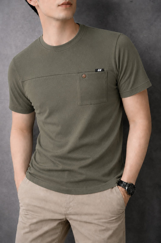 Olive  Green Chest Line Pocket Pique  Men's T-Shirt