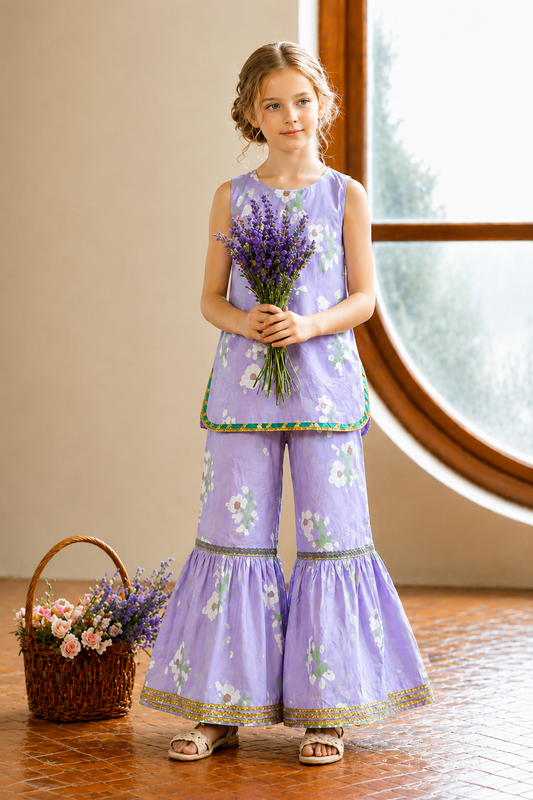 White with Green Leaves Floral Allover Printed Light Purple Cotton Garara Suit 503