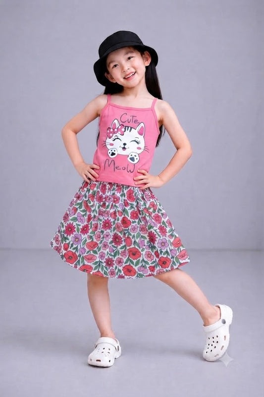 [Cute Meow] Printed Light Pink  Girls Top & Skirt