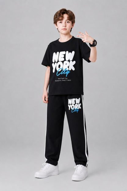 White [New York ] Printed Black T-Shirt &Trousers Boys 710