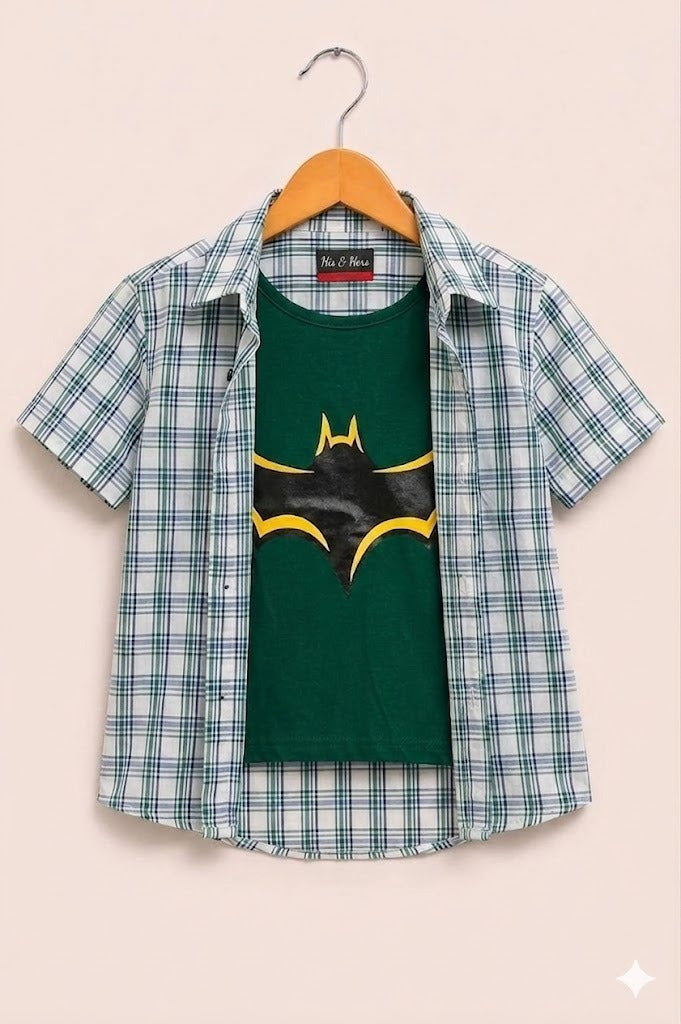 Black Checked Bat Printed Layered Casual Shirt