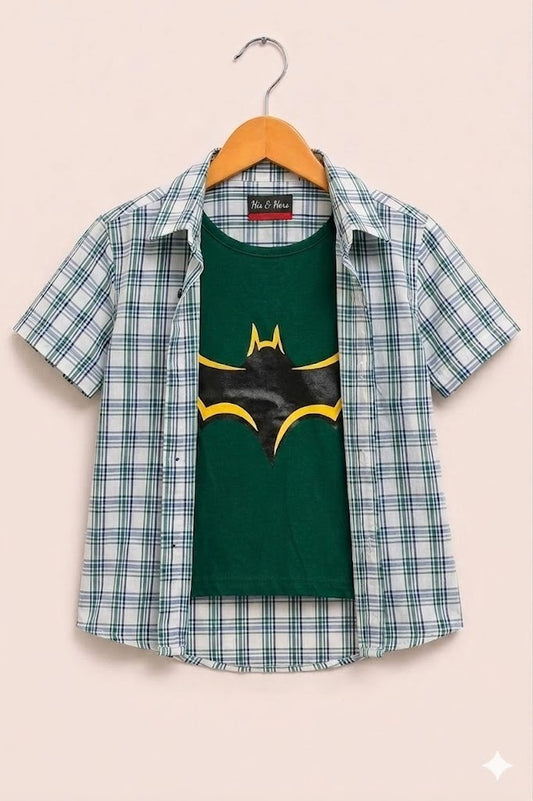 Black Checked Bat Printed Layered Casual Shirt