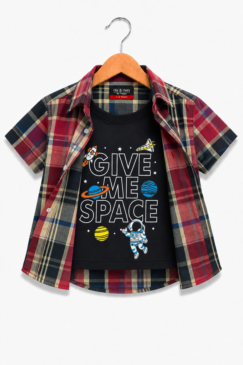[Give Me Space ]  Red & Black Checked Printed Layered Casual Shirt