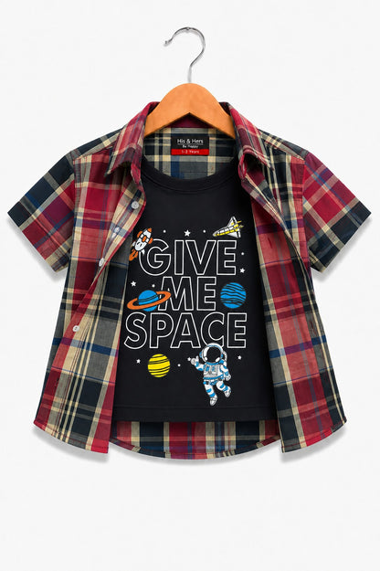[Give Me Space ]  Red & Black Checked Printed Layered Casual Shirt