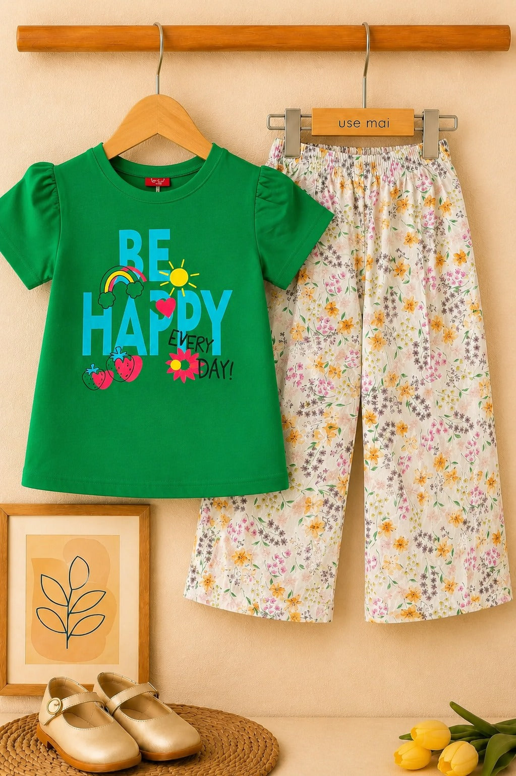 [Be Happy ] Printed Green  Girls  T-shirt & Cotton Flapper
