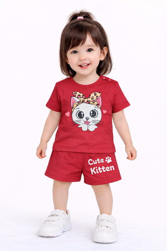Little Cat Printed Maroon Girls Nicker Suit
