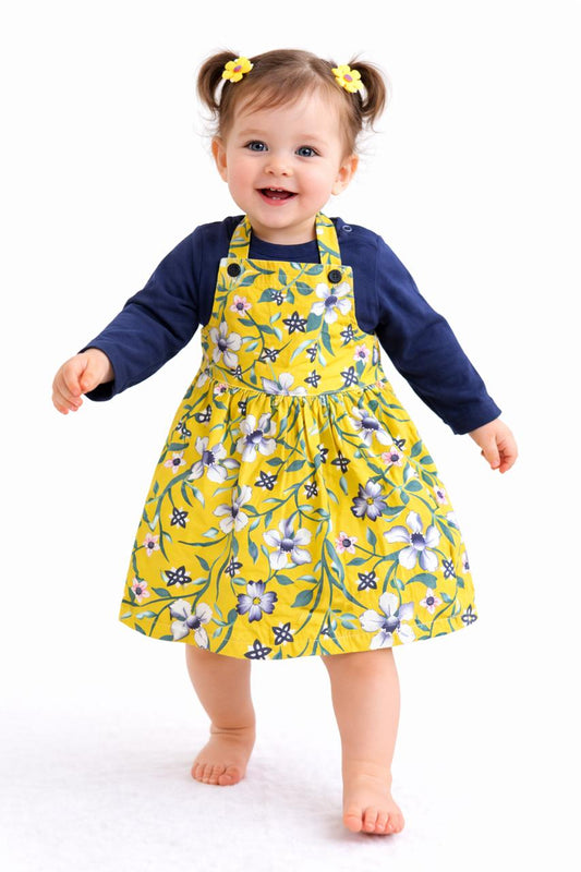 Flowers Printed Yellow & Navy  New Born Girls Dress