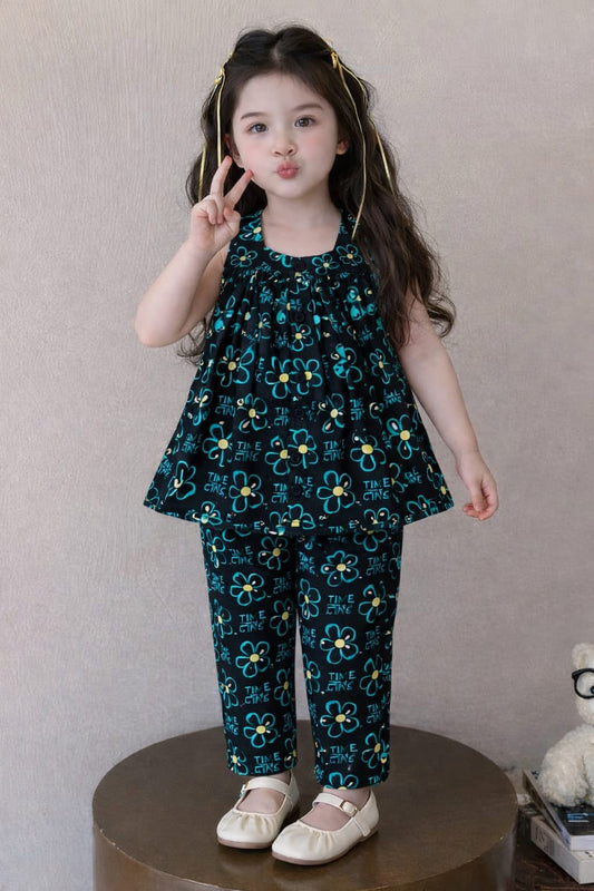 Flowers Printed Deep Green Girls  Top & Trouser Set