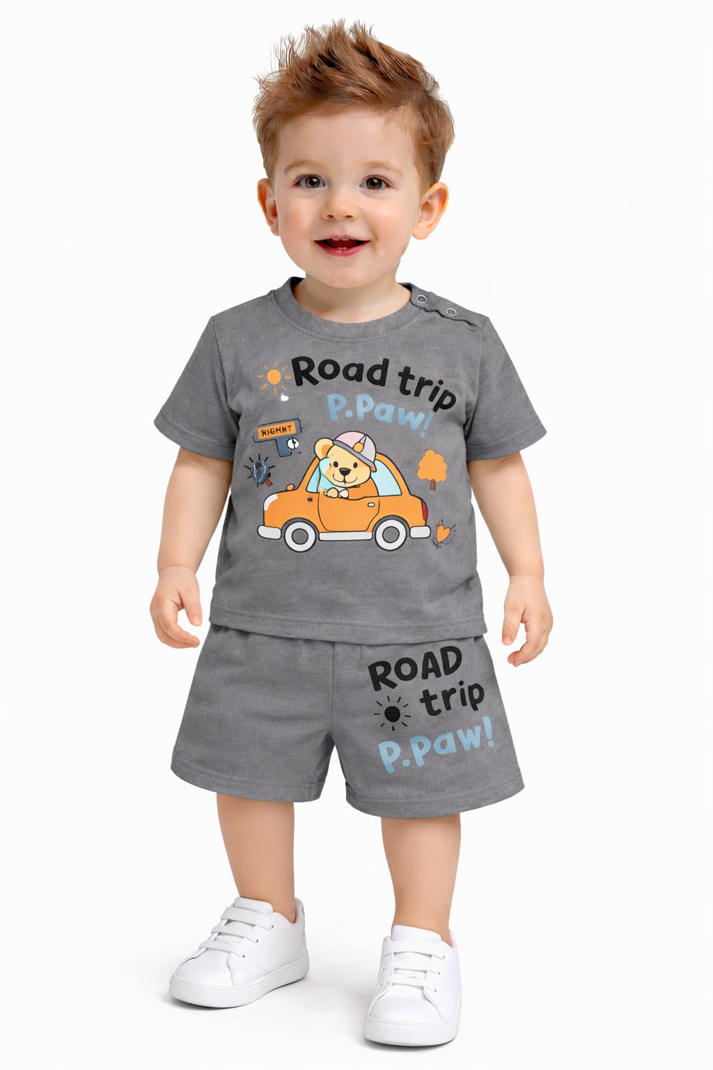 Road Trip Printed  Dark Grey New Born  Nicker Suit 221