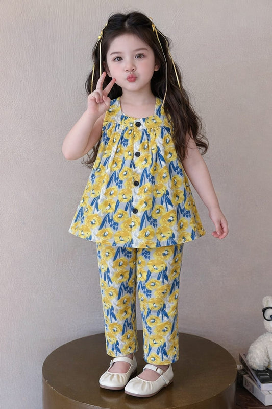Yellow Flowers with Blue accents Girls  Top & Trouser Set
