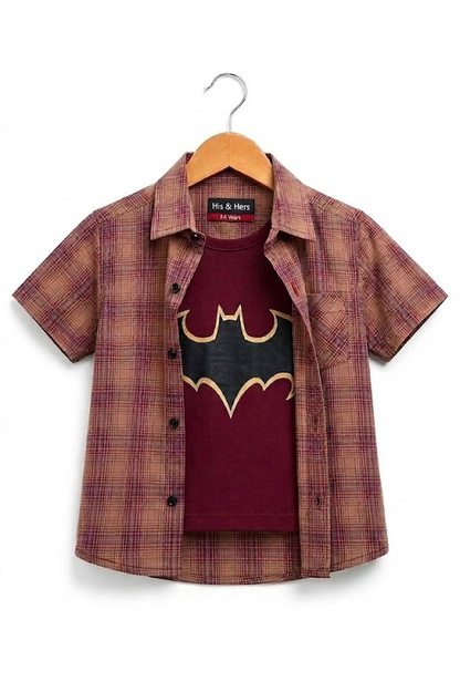 Brown Checked Bat Printed  Layered Casual Shirt