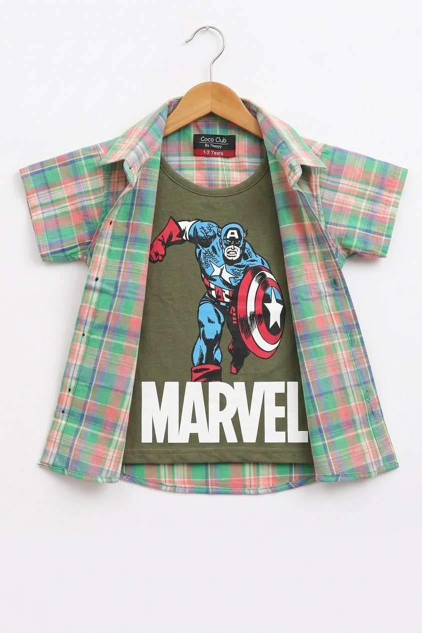 Pink & Green Checked Marvel Printed  Layered Casual Shirt 256