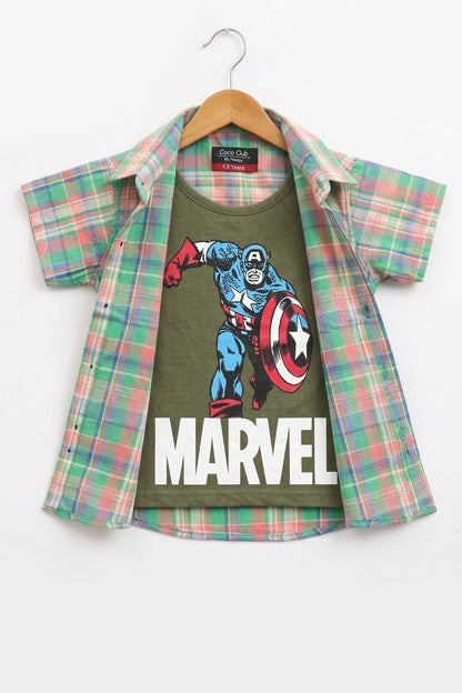 Pink & Green Checked Marvel Printed  Layered Casual Shirt 256