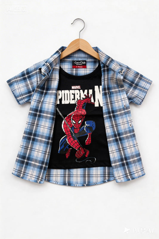 Blur Check Spiderman Printed Double Casual Shirt Boys