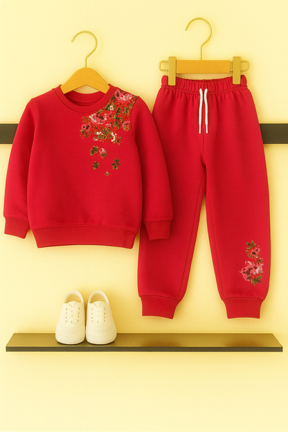 Girls Side Embroidery Red Tracksuit 129