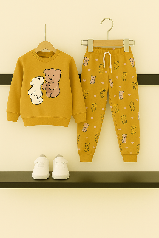 Mustard Bear Print Fleece Tracksuit – Cozy Winter Wear for Kids 387