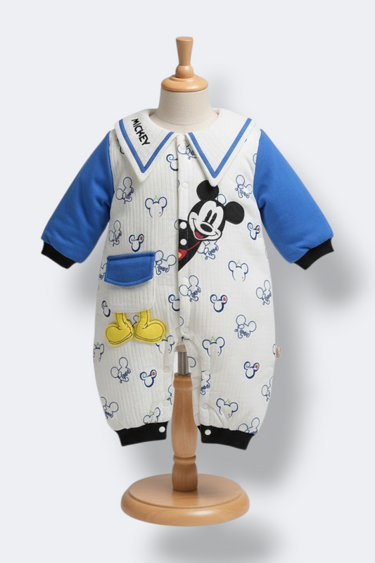 Mickey Print Quilted Bodysuit – Blue Sleeves & Black Trim