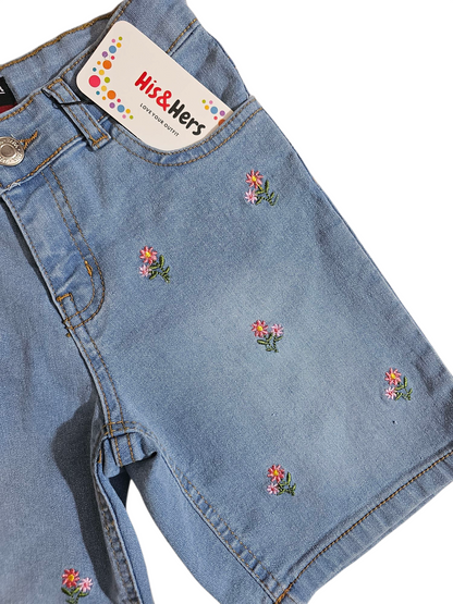 Pink Flowers Embroidery Light Blue Denim Shorts Girls 118