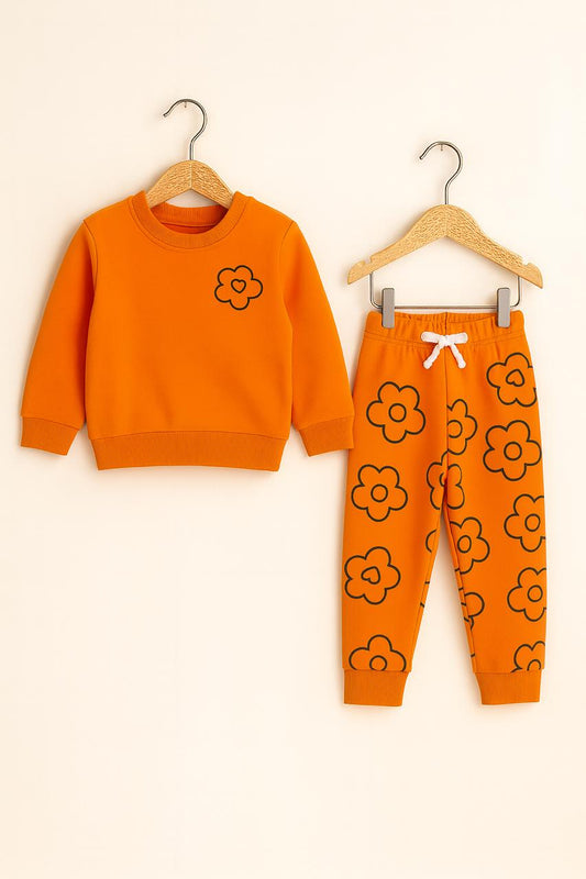 426Bright Orange Flower Print Girls Tracksuit