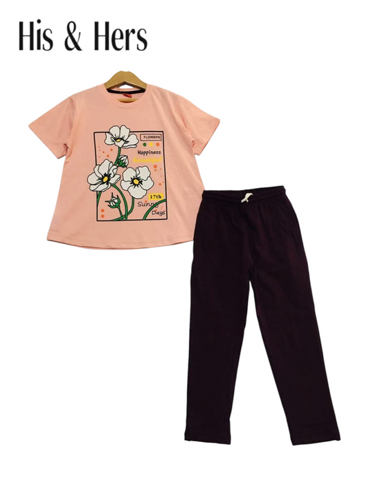 White Flowers Peach T-Shirt &Trousers Girls
