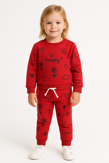Red Kids’ Tracksuit with Doodle Prints “U happy ?”