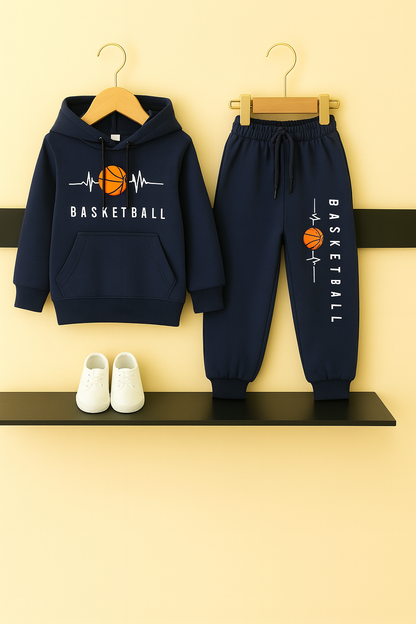 Basketball Print Navy Fleece Hoodie Tracksuit Boys 508