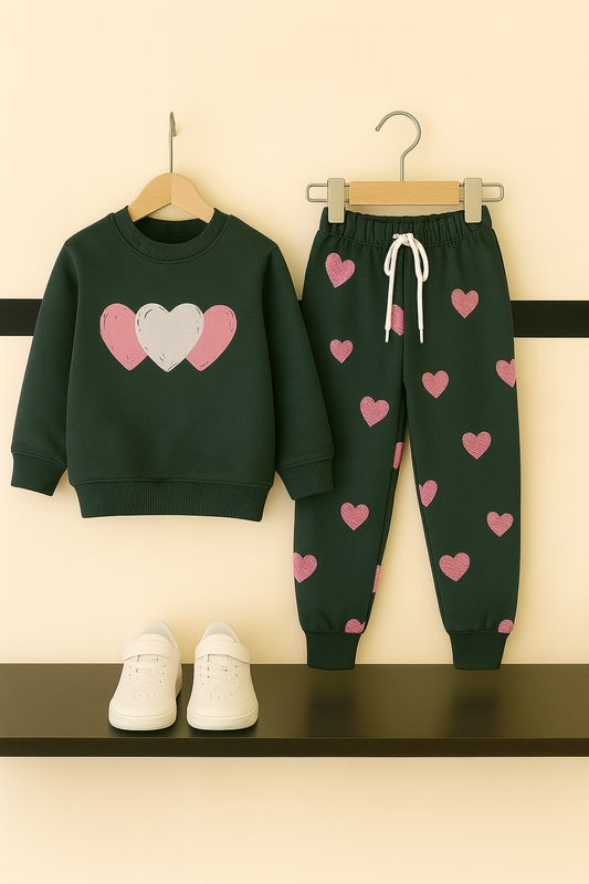 Hearts Printed Dark Green Tracksuit Girls