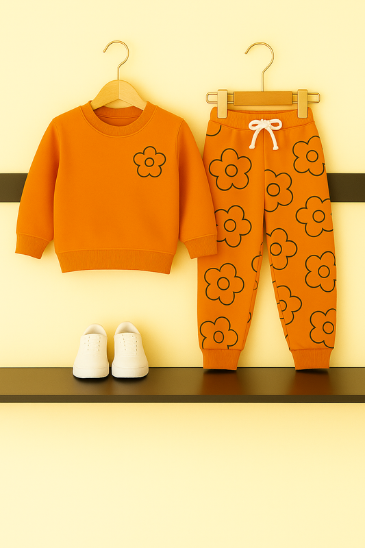 426Bright Orange Flower Print Girls Tracksuit