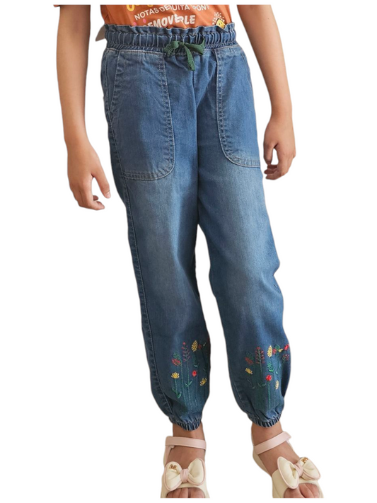 Colorful Flowers Embroidered Mid Blue Ankle Tie Denim Pants Girls 270