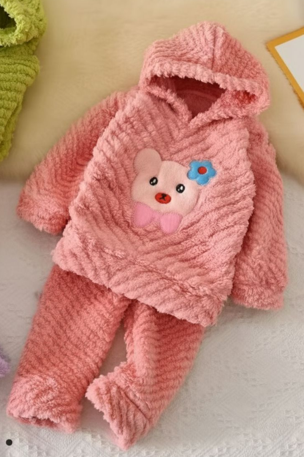 Kids Fuzzy Bear Winter Night Suit- Pink