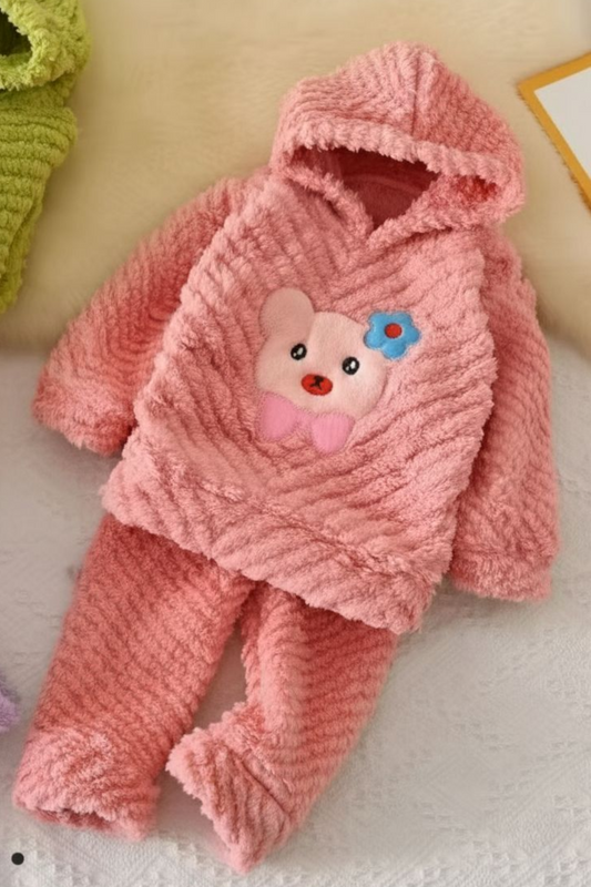 Kids Fuzzy Bear Winter Night Suit- Pink