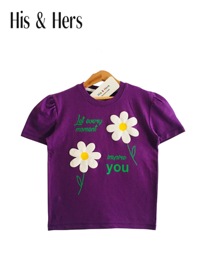 Two White Flowers  Purple  T-Shirt Girls 238
