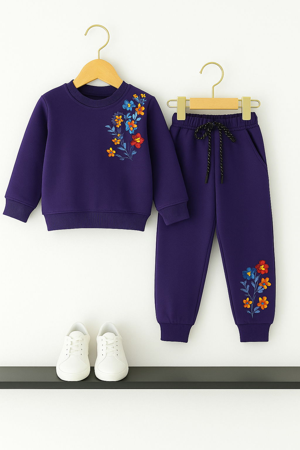 Purple Side Embroidery Fleece Tracksuit – Cozy Winter Wear for Kids 128