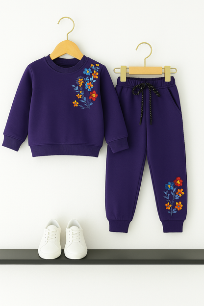 Purple Side Embroidery Fleece Tracksuit – Cozy Winter Wear for Kids 128