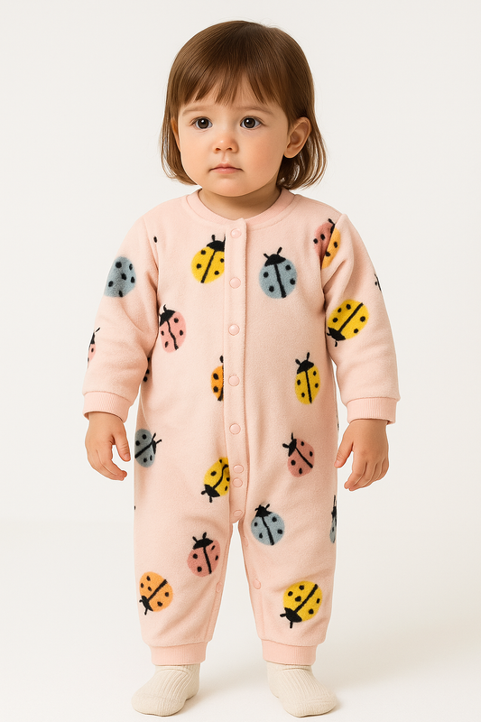 Cute Ladybug Print Polar Fleece Pink Jumpsuit Bodysuit