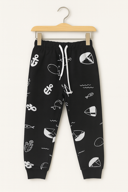 Anchor Waves Printed Joggers – Jet Black ⚓🐋