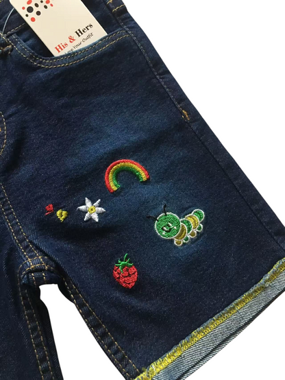 Rainbow Embroidery Dark Blue Denim Shorts Girls