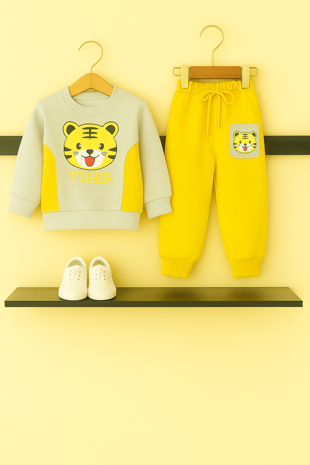 Cute Tiger Fleece Tracksuit – Yellow & Cream 509