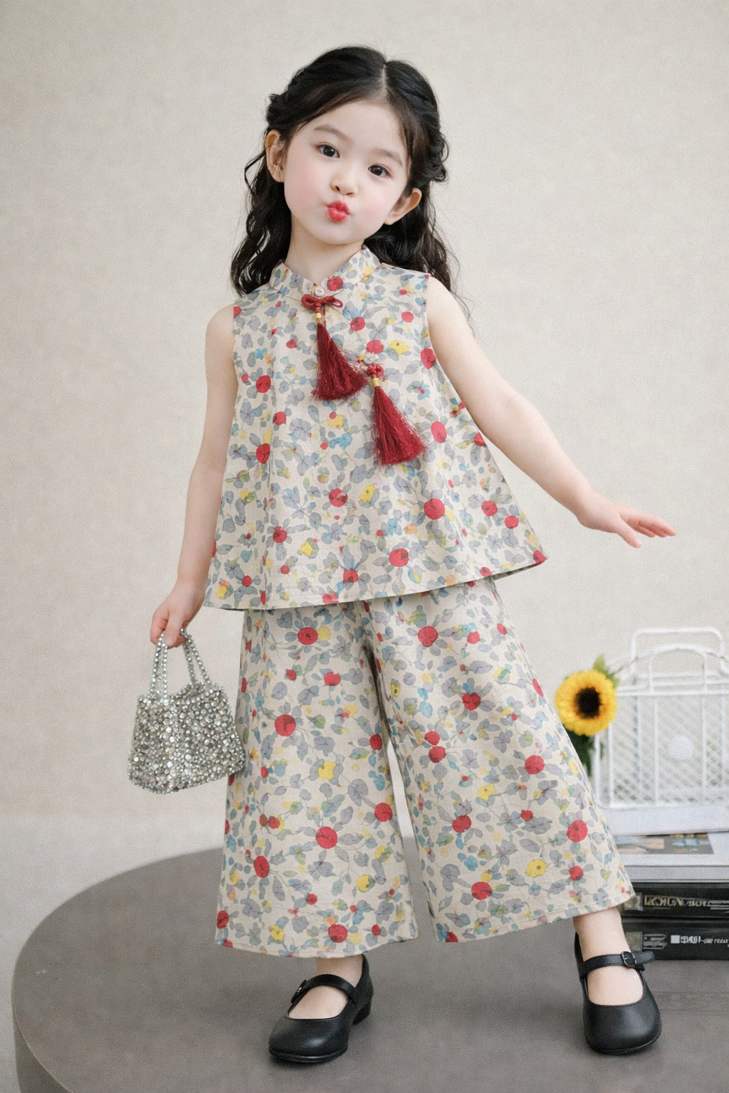 Ivory Floral Top & Wide-Leg Pants Set 🌼243