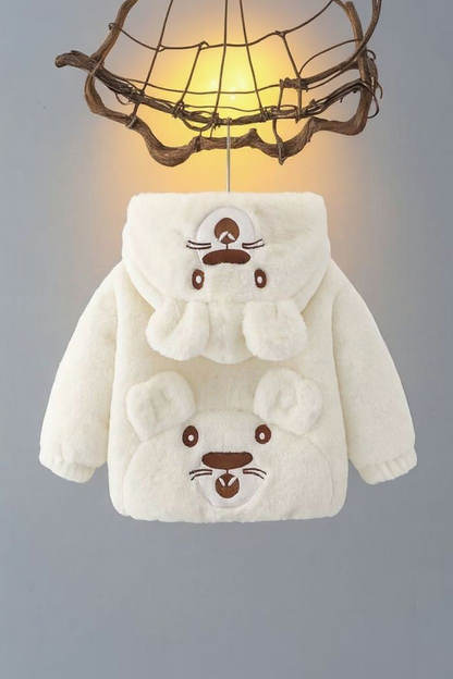 Plush Teddy Bear Hoodie Jacket  – White Fur with 3D Ears & Paw Pockets 140