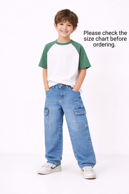 Boys Baggy Cargo Jeans-Mid Blue 288