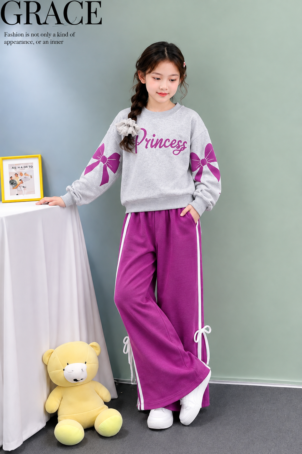 [Princess ] Printed Magenta Purple & Grey  Fleece Tracksuit