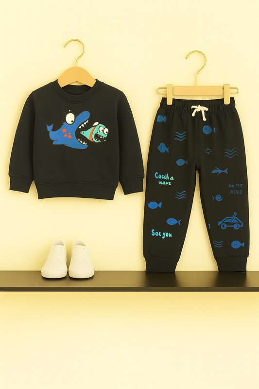 Shark & Fish Adventure Fleece Set – Navy Blue