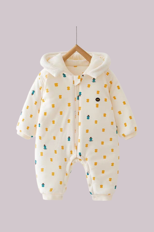 Warm Hooded Baby Romper – Soft Cotton Fleece with Cute Bear Print