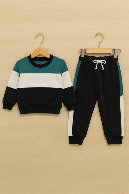 Teal & Black Color Block Kids’ Tracksuit 296