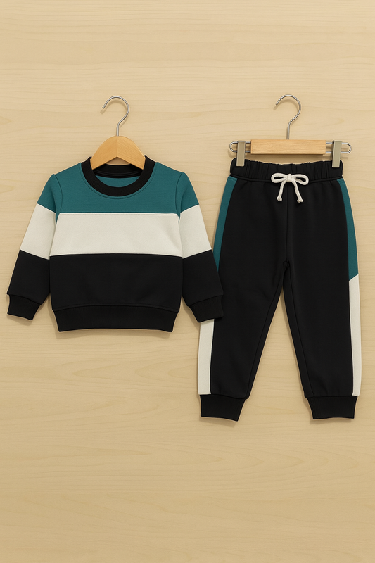 Teal & Black Color Block Kids’ Tracksuit 296