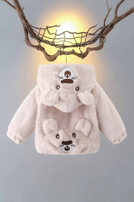 Plush Teddy Bear Hoodie Jacket  – Soft Beige Fur with 3D Ears & Paw Pockets