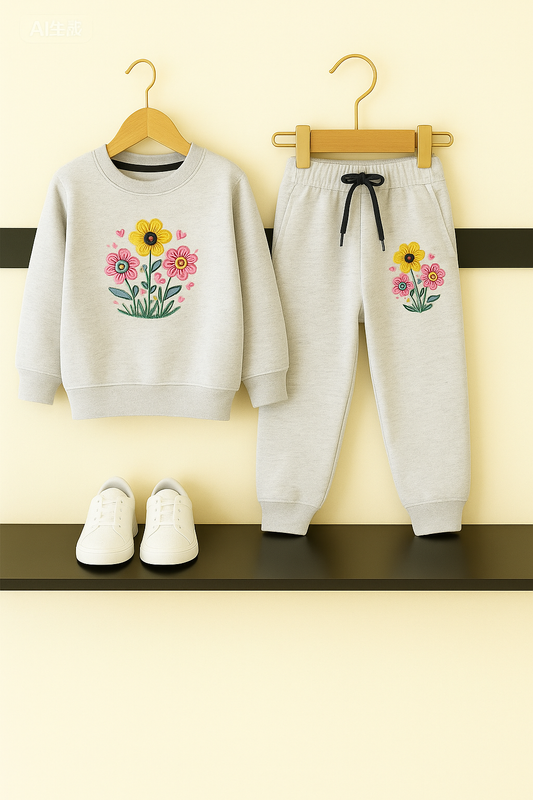 Heather Gray Kids Tracksuit with Floral Embroidery 🌸